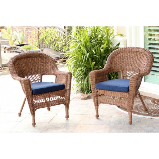 Honey Wicker Chair With Midnight Blue Cushion - Set of 2