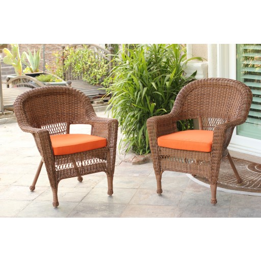 Honey Wicker Chair With Orange Cushion - Set of 2