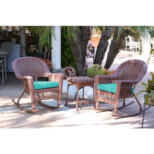 3pc Honey Rocker Wicker Chair Set With Turquoise Cushion