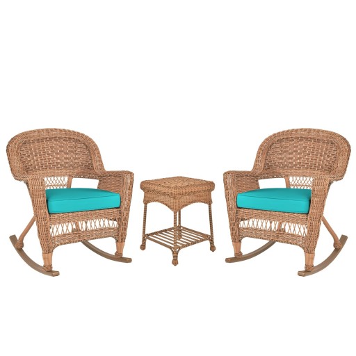 3pc Honey Rocker Wicker Chair Set With Cushion