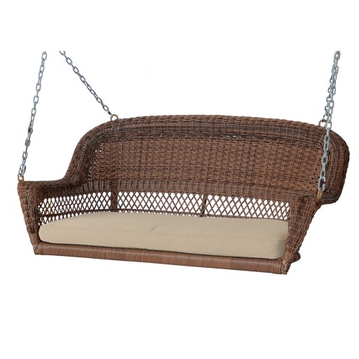 Honey Resin Wicker Porch Swing with Tan Cushion