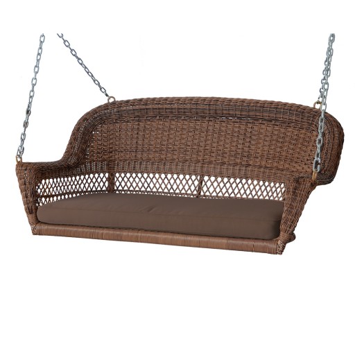 Honey Resin Wicker Porch Swing with Brown Cushion