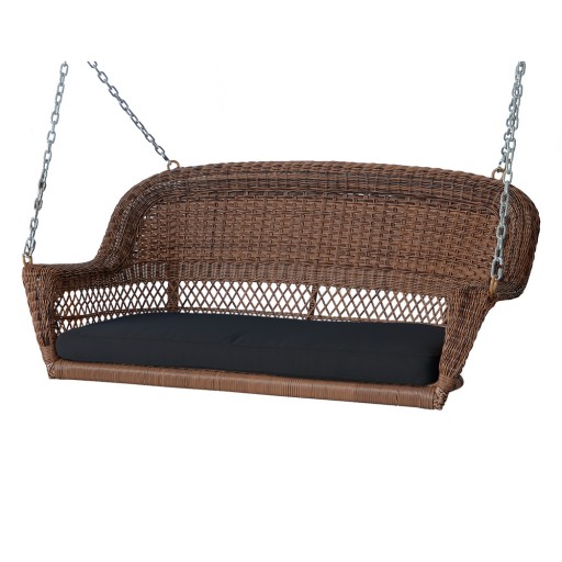 Honey Resin Wicker Porch Swing with Black Cushion