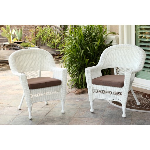 White Wicker Chair With Brown Cushion - Set of 2