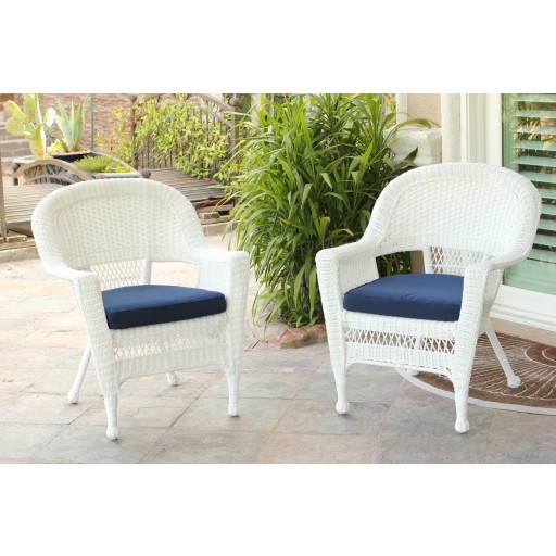 White Wicker Chair With Midnight Blue Cushion - Set of 4