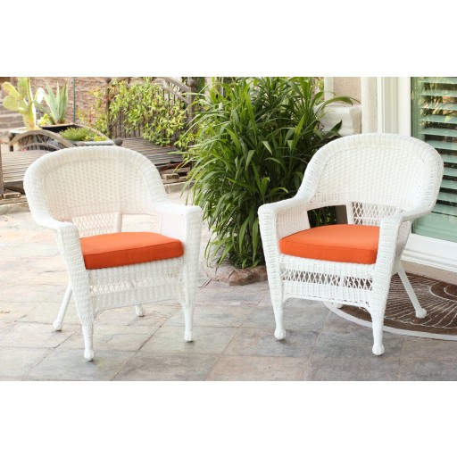 White Wicker Chair With Orange Cushion - Set of 4