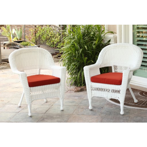 White Wicker Chair With Brick Red Cushion - Set of 4