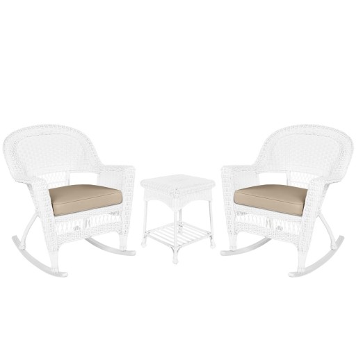 3pc White Rocker Wicker Chair Set With Cushion
