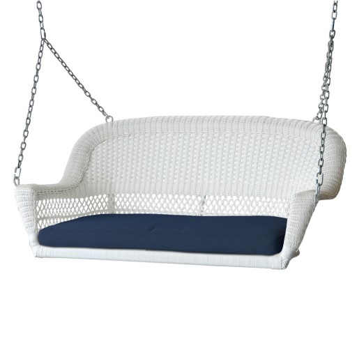 White Resin Wicker Porch Swing with Midnight Blue Cushion