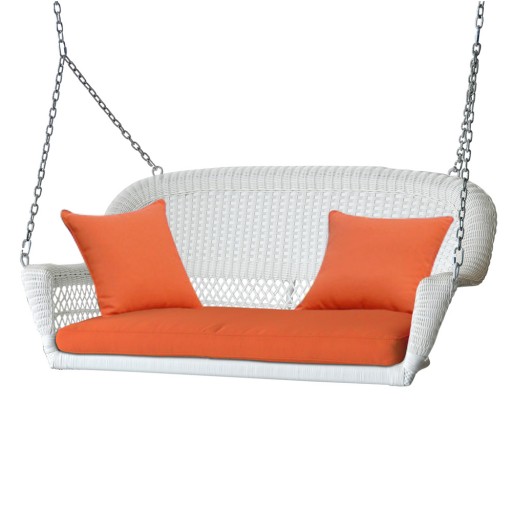 White Resin Wicker Porch Swing with Orange Cushion