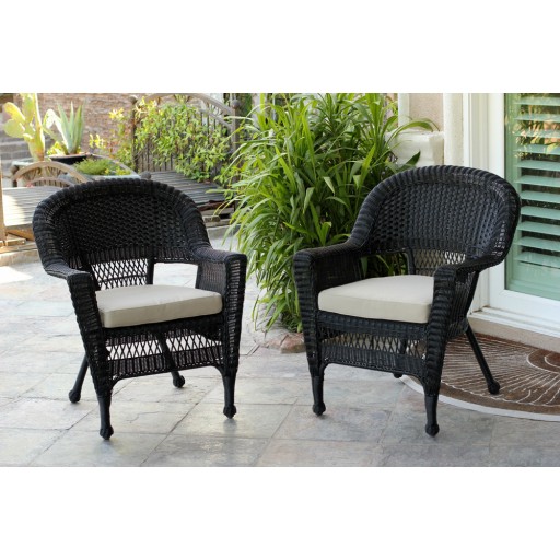 Black Wicker Chair With Tan  Cushion - Set of 4