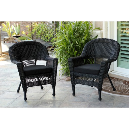 Black Wicker Chair With Black Cushion - Set of 2