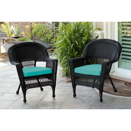 Black Wicker Chair With Turquoise Cushion - Set of 2