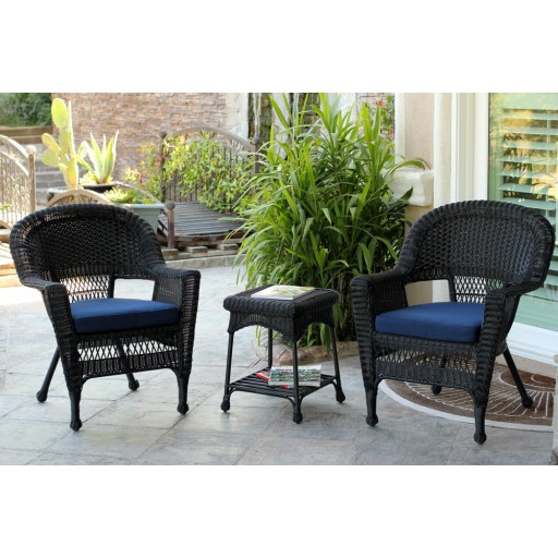 Black Wicker Chair And End Table Set With Midnight Blue Cushion