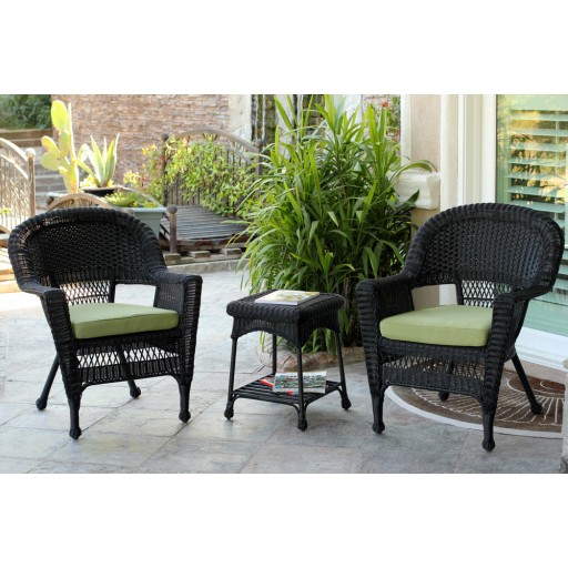 Black Wicker Chair And End Table Set With Sage Green Cushion