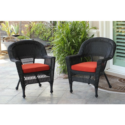 Black Wicker Chair With Brick Red Cushion - Set of 4