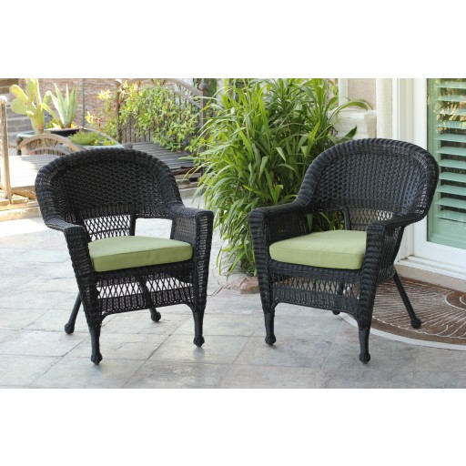 Black Wicker Chair With Sage Green Cushion - Set of 4