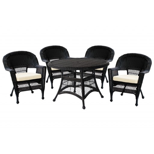 5pc Black Wicker Dining Set - Ivory Cushions