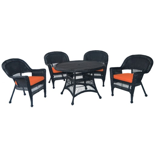 5pc Black Wicker Dining Set - Orange  Cushions