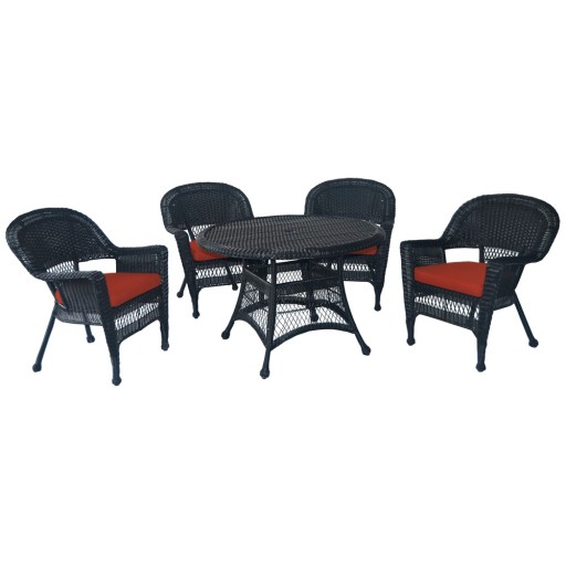 5pc Black Wicker Dining Set - Brick Red Cushions
