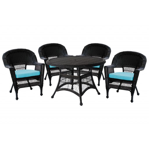 5pc Black Wicker Dining Set - Sky Blue Cushions