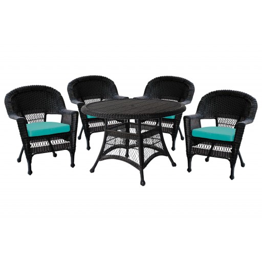 5pc Black Wicker Dining Set - Turquoise Cushions