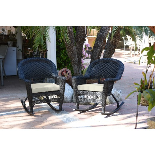 Black Rocker Wicker Chair with Ivory Cushion -  Set of 2