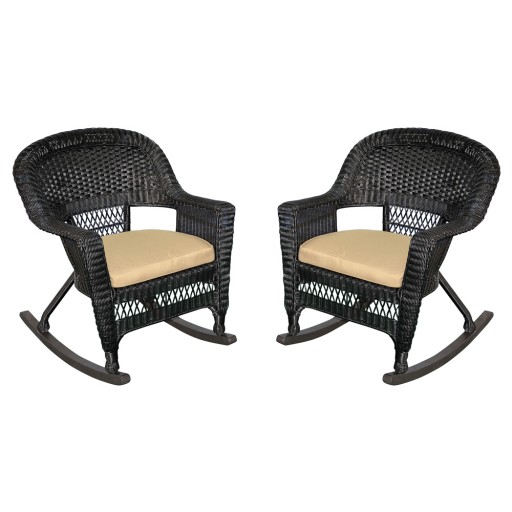 Black Rocker Wicker Chair with Tan Cushion -  Set of 2