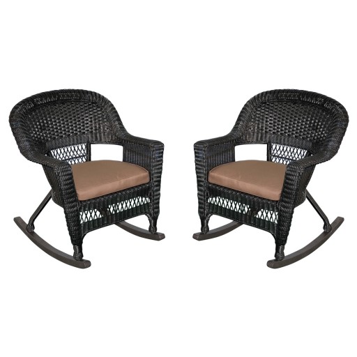 Black Rocker Wicker Chair with Brown  Cushion -  Set of 2