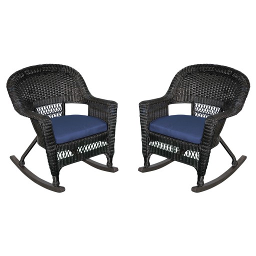 Black Rocker Wicker Chair with Cushion -  Set of 2