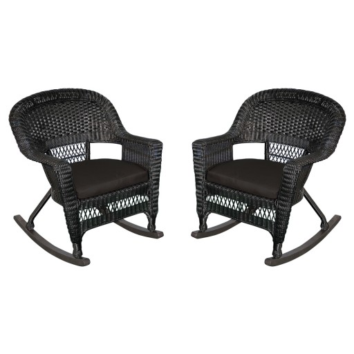 Black Rocker Wicker Chair with Black Cushion -  Set of 2