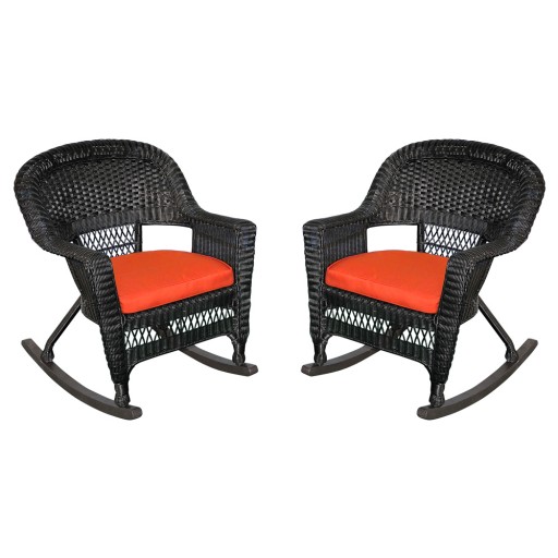 Black Rocker Wicker Chair with Brick Red Cushion -  Set of 2