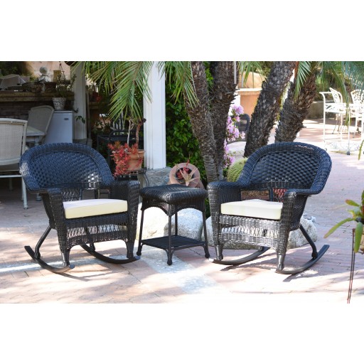 3pc Black Rocker Wicker Chair Set With Ivory Cushion