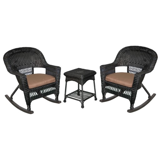 3pc Black Rocker Wicker Chair Set With Brown Cushion