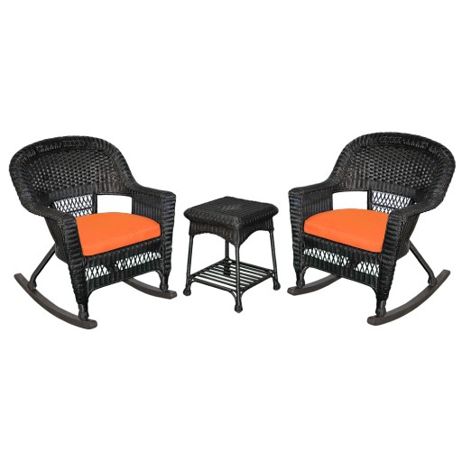 3pc Black Rocker Wicker Chair Set With Orange Cushion