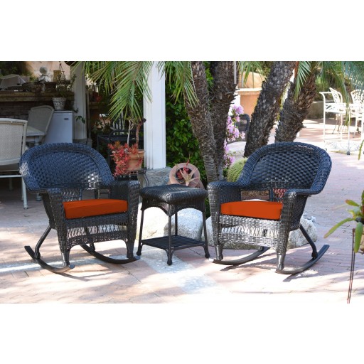 3pc Black Rocker Wicker Chair Set With Brick Red Cushion