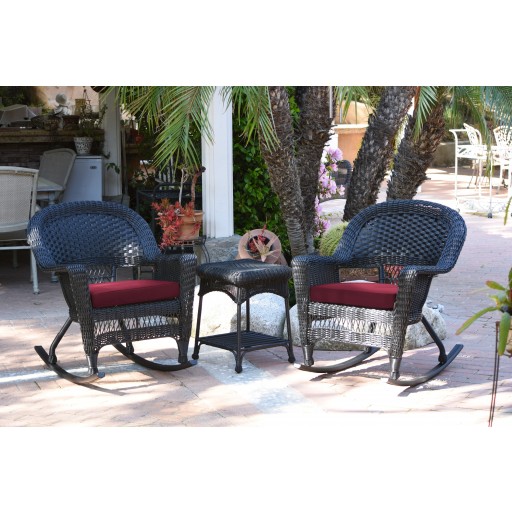 3pc Black Rocker Wicker Chair Set With Red Cushion