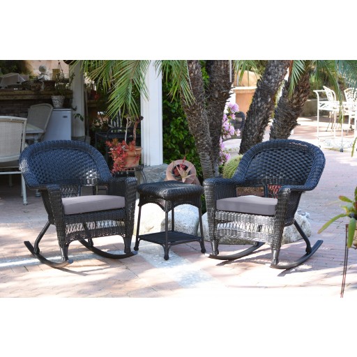3pc Black Rocker Wicker Chair Set With Steel Blue Cushion