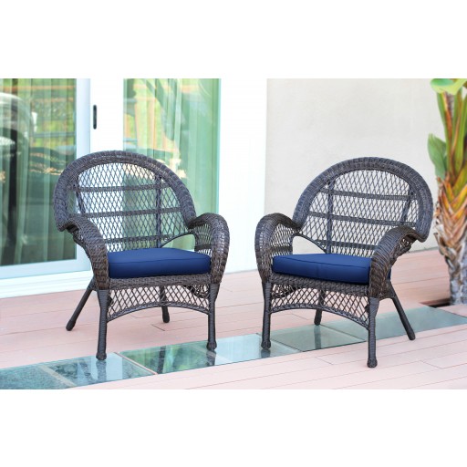 Santa Maria Espresso Wicker Chair with Midnight Blue Cushion - Set of 2