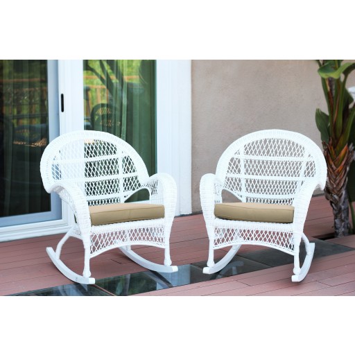 Santa Maria White Wicker Rocker Chair with Tan Cushion - Set of 2