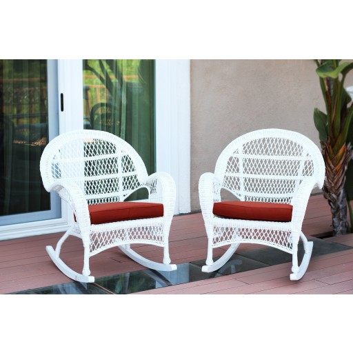 Santa Maria White Wicker Rocker Chair with Red Cushion - Set of 2