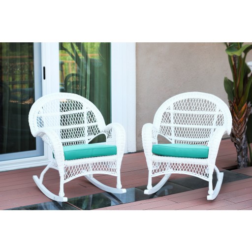 Santa Maria White Wicker Rocker Chair with Turquoise Cushion - Set of 2