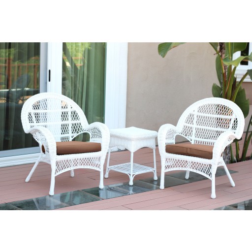3pc Santa Maria White Wicker Chair Set - Brown Cushions