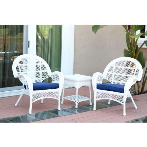 3pc Santa Maria White Wicker Chair Set - Midnight Blue Cushions