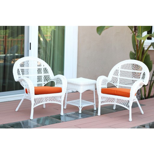 3pc Santa Maria White Wicker Chair Set - Orange Cushions