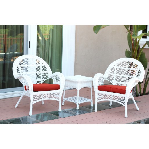3pc Santa Maria White Wicker Chair Set - Brick Red Cushions