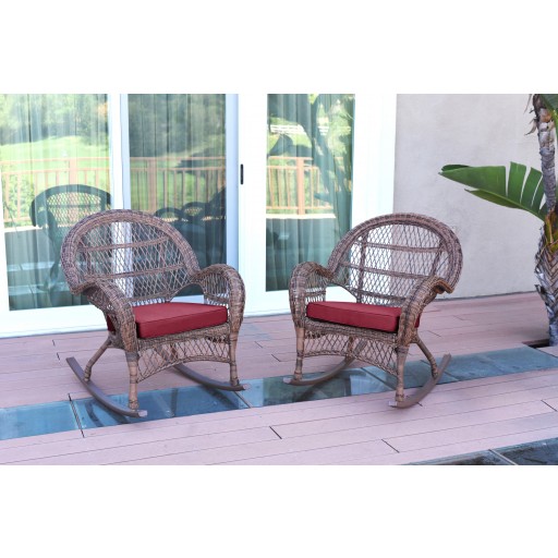 Santa Maria Honey Wicker Rocker Chair with Red Cushion - Set of 2