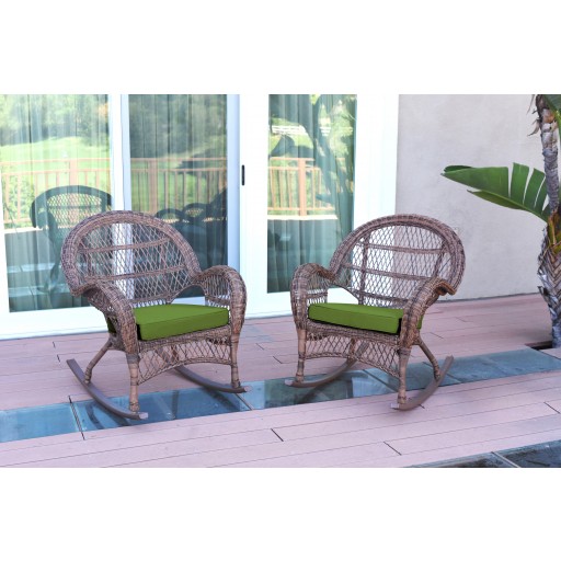 Santa Maria Honey Wicker Rocker Chair with Hunter Green Cushion - Set of 2
