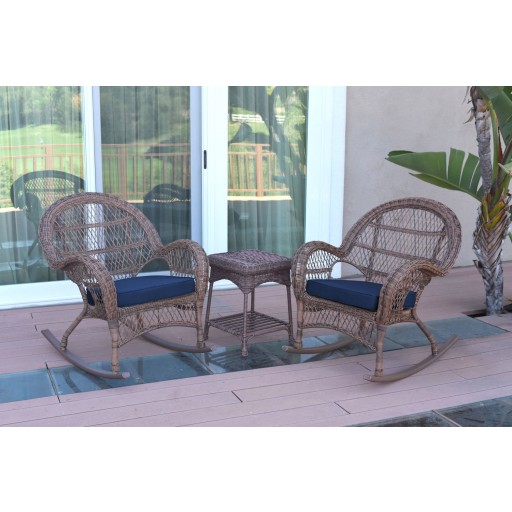 3pc Santa Maria Honey Rocker Wicker Chair Set With Cushions