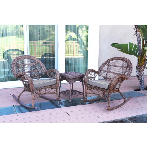 3pc Santa Maria Honey Rocker Wicker Chair Set - Steel Blue Cushions